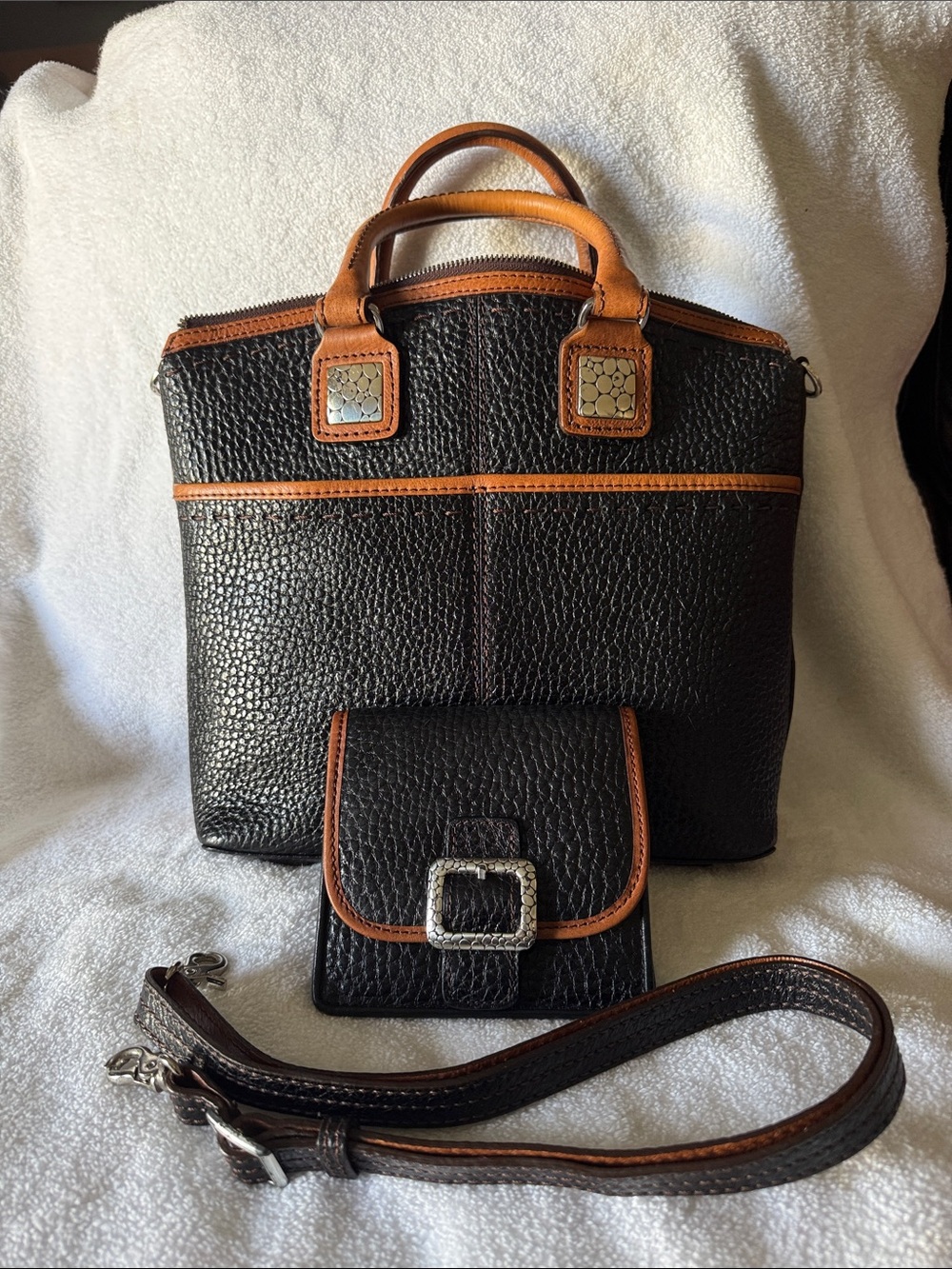 Brighton Black Pebbled Shoulder Bag with Brown Trim
